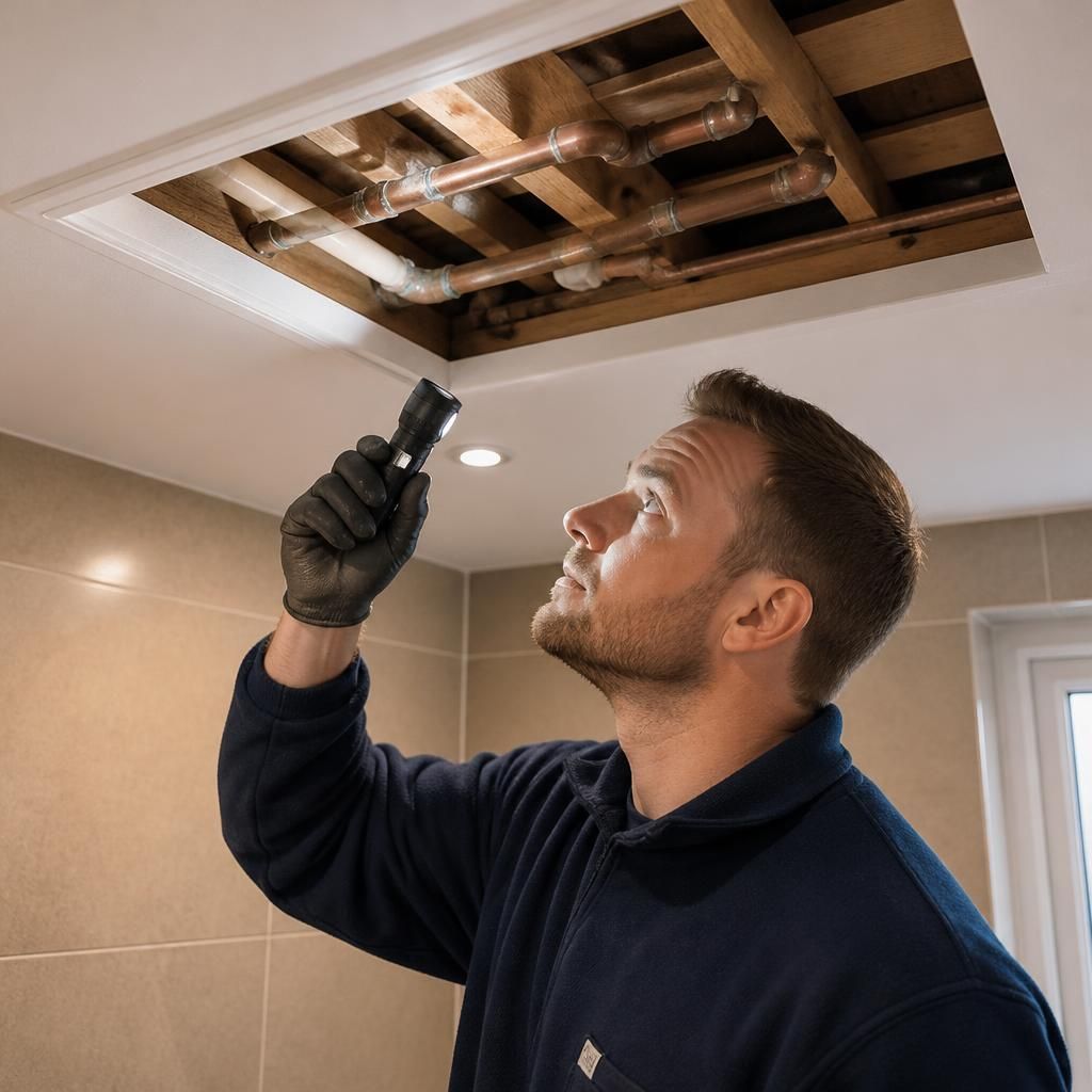 Plumber checking pipework through a careful ceiling inspection