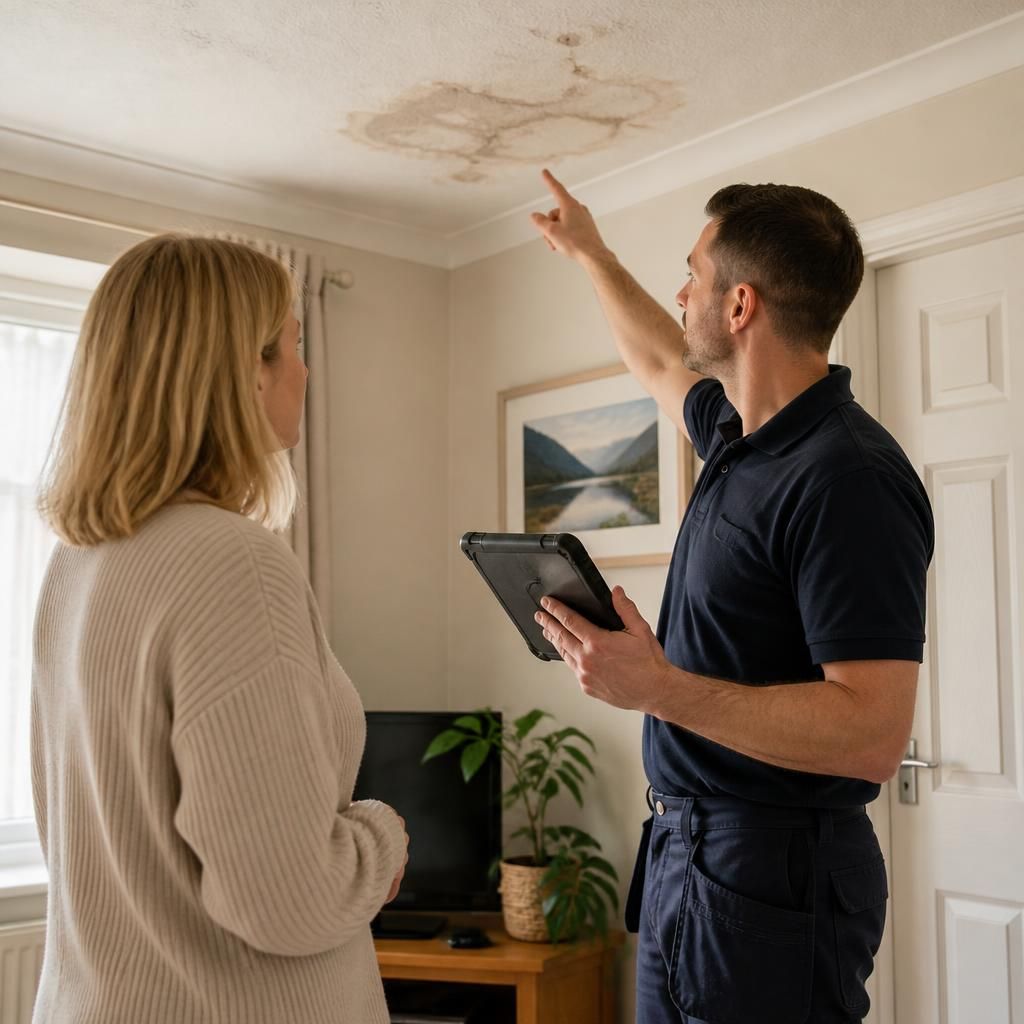 Plumber explaining ceiling leak detection findings to a homeowner