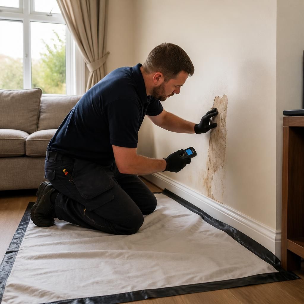 Plumber protecting flooring while investigating a wall leak