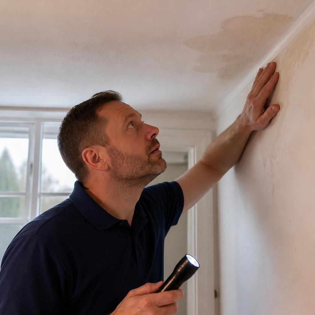 Plumber assessing a repaired ceiling leak and surrounding wall