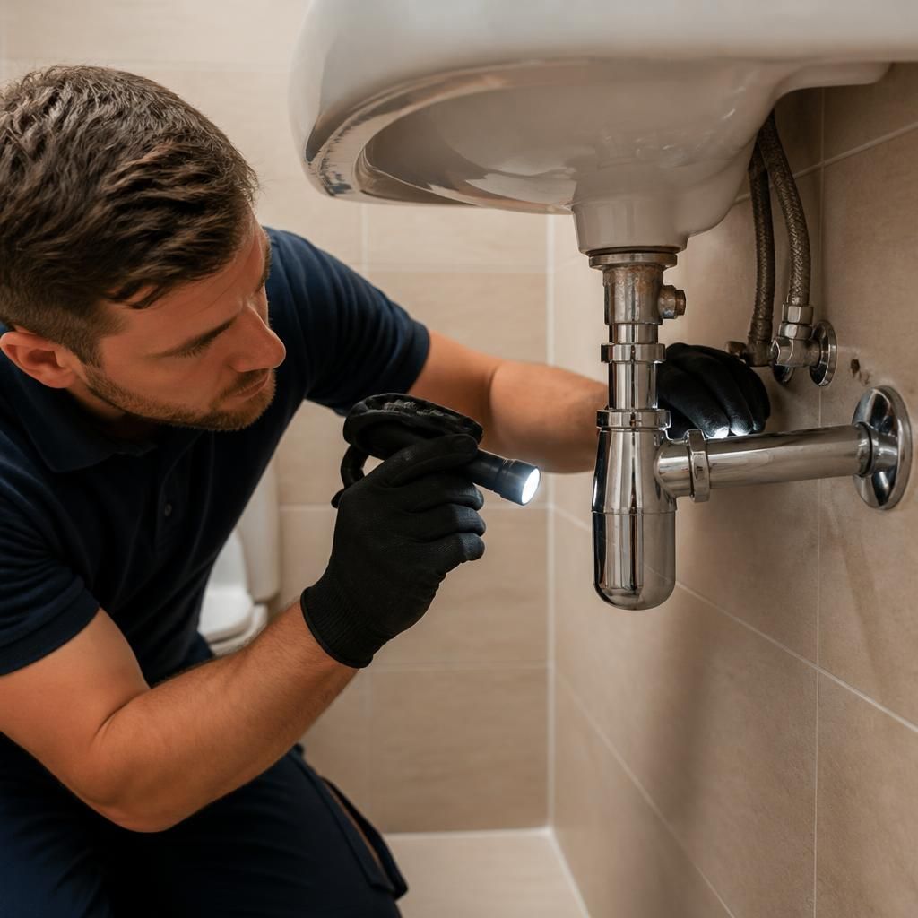 Plumber inspecting pipe connections beneath a bathroom basin with a torch