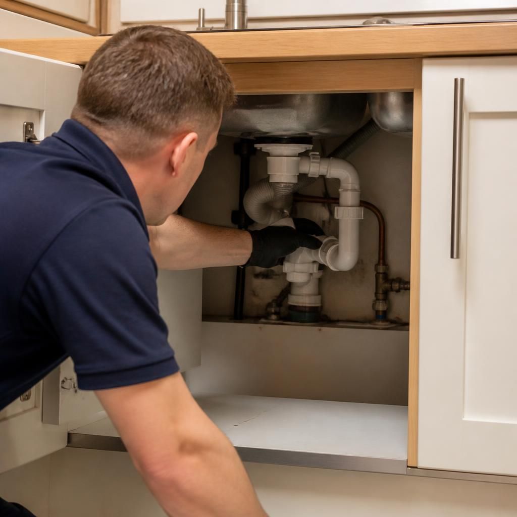 Plumber inspecting pipework beneath a kitchen sink through an open cupboard