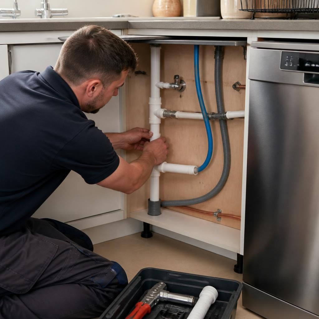 Plumber fitting water and waste pipework for a dishwasher beneath kitchen units