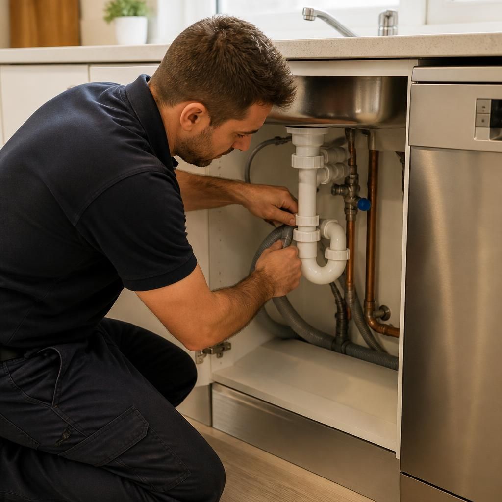 Plumber checking pipe connections beneath a kitchen sink beside a dishwasher