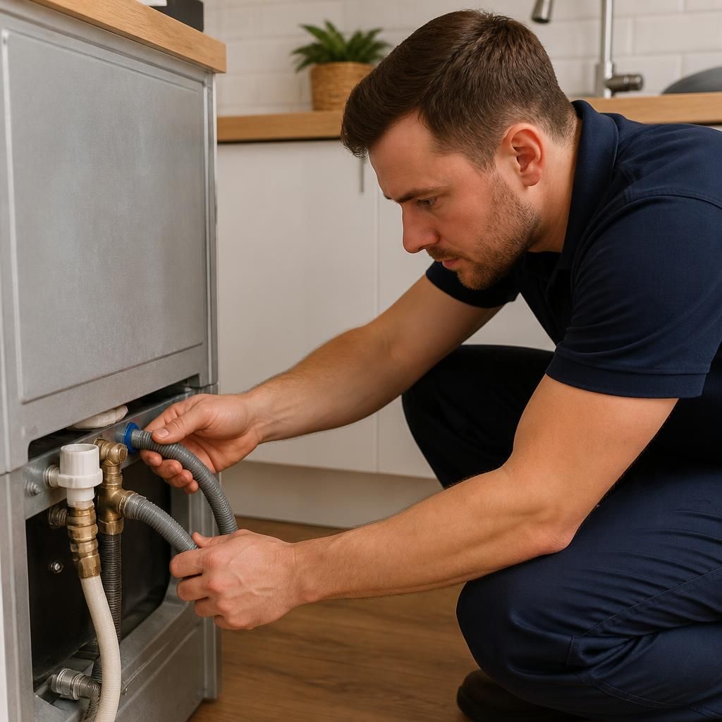 Plumber checking water and waste connections behind a kitchen appliance