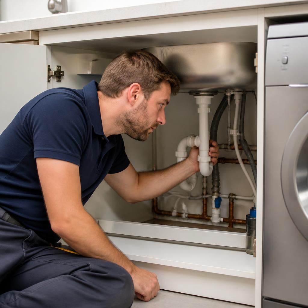 Plumber inspecting pipework beneath a kitchen sink beside appliance connections