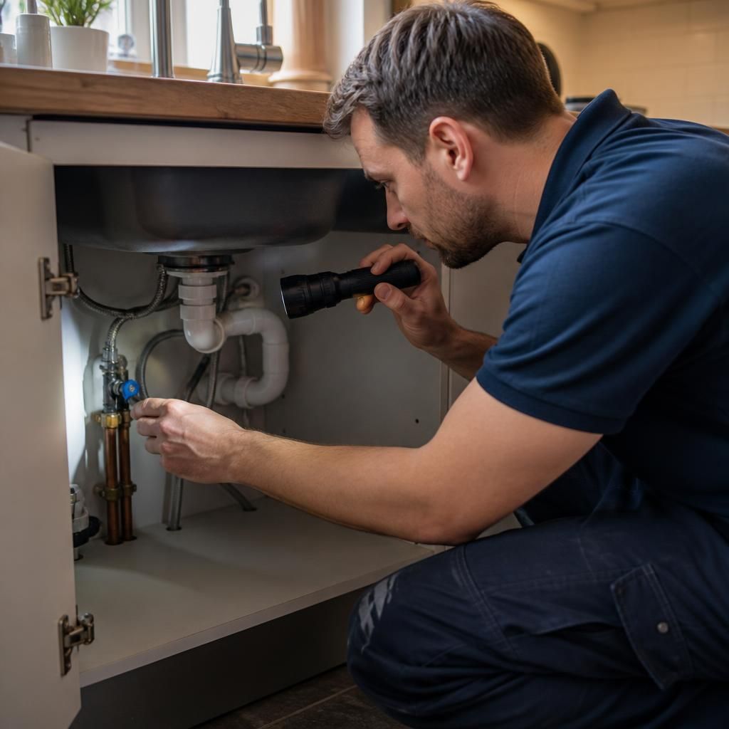 Plumber inspecting pipe connections beneath a kitchen sink