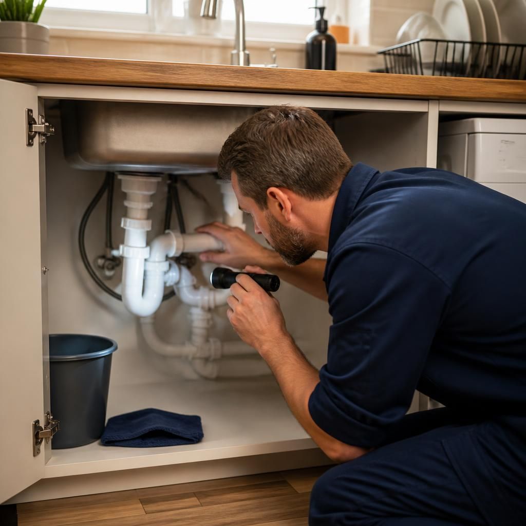 Plumber inspecting pipework beneath a kitchen sink in a rented property