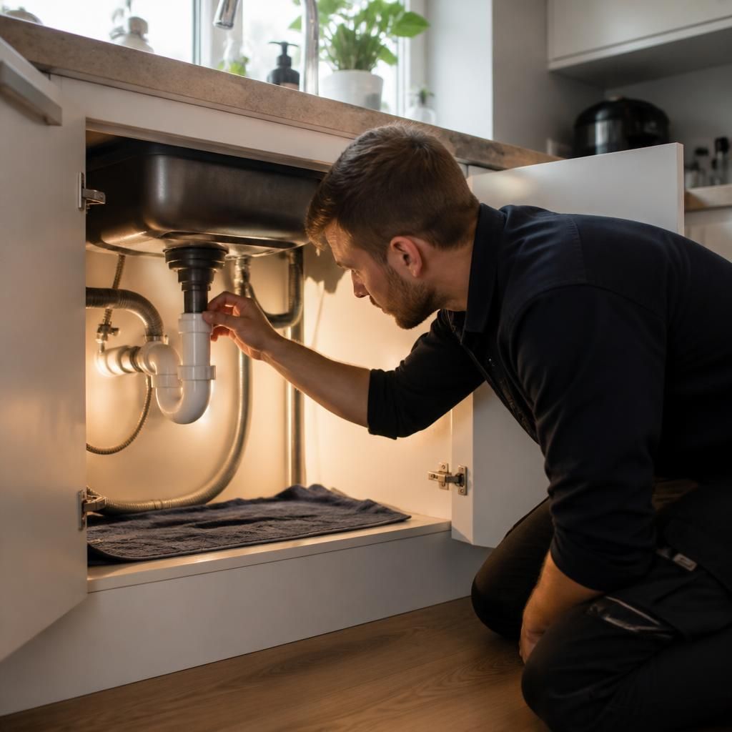 Plumber inspecting pipework beneath a kitchen sink with cupboard doors open