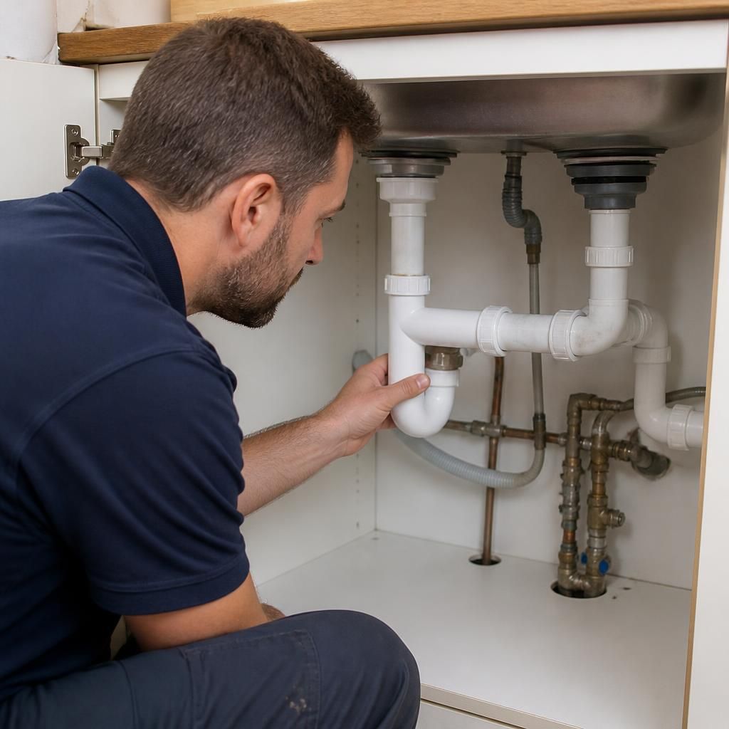 Plumber inspecting pipework and waste connections inside a kitchen sink cabinet