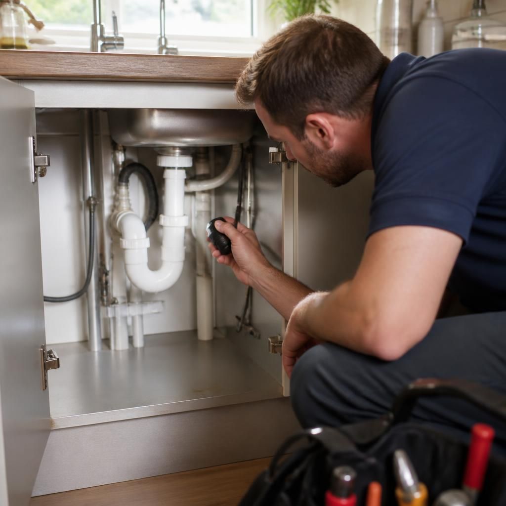 Plumber inspecting pipework beneath a kitchen sink with cupboard doors open