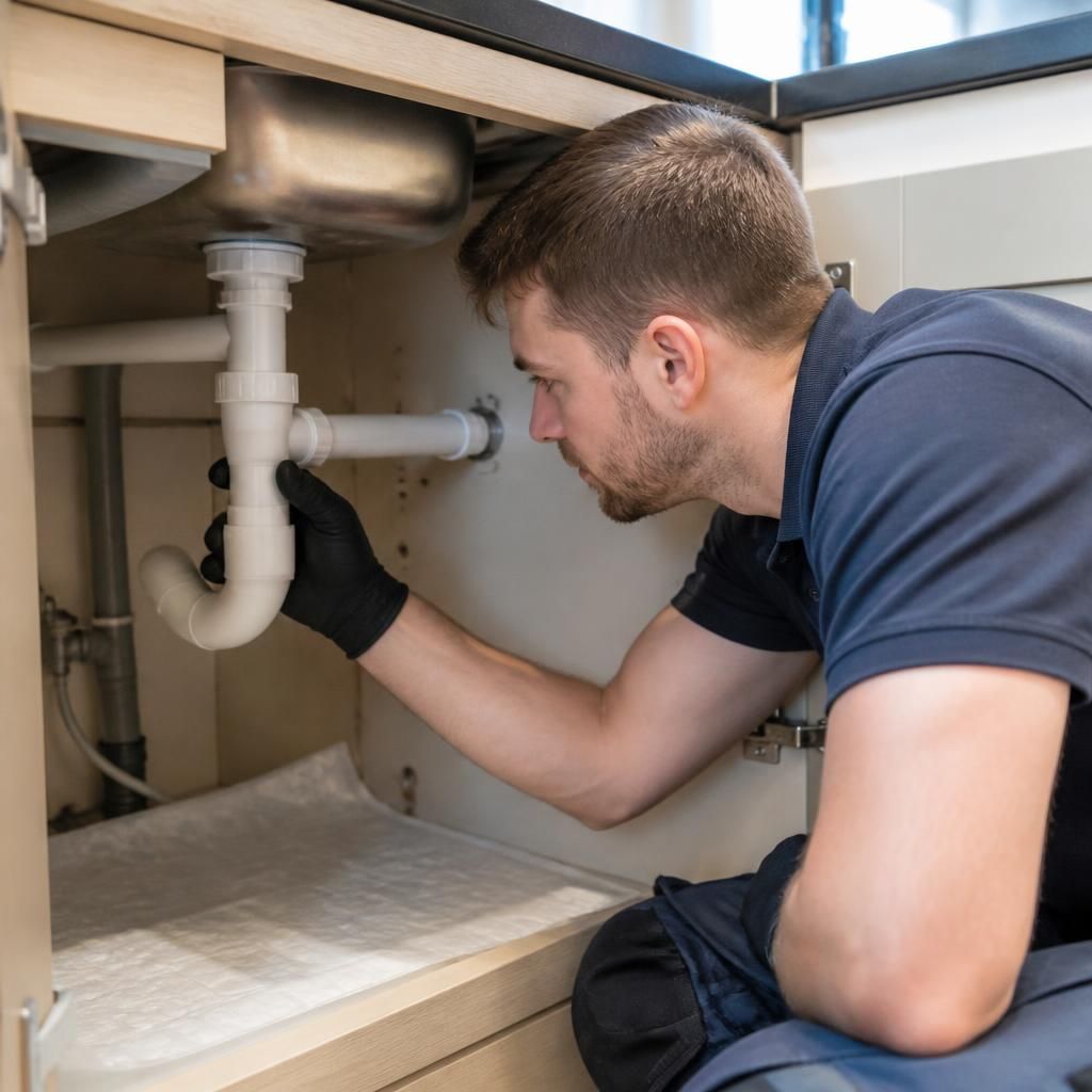 Plumber inspecting waste pipe beneath a kitchen sink