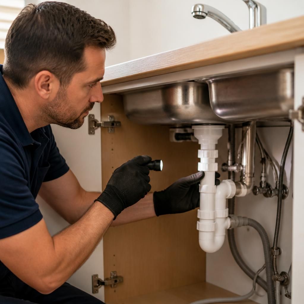 Plumber examining a leaking kitchen tap and its connections beneath a sink