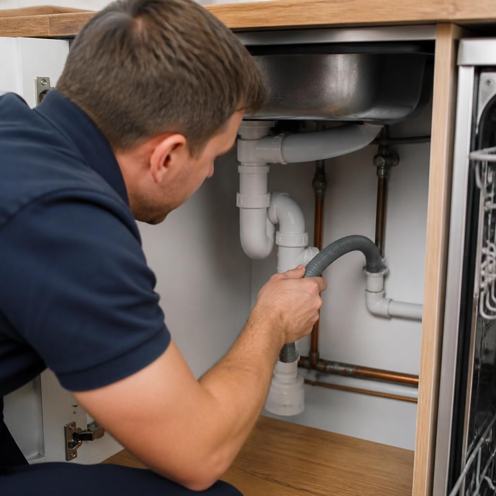 Plumber inspecting a dishwasher waste hose and pipe connections beneath a kitchen sink