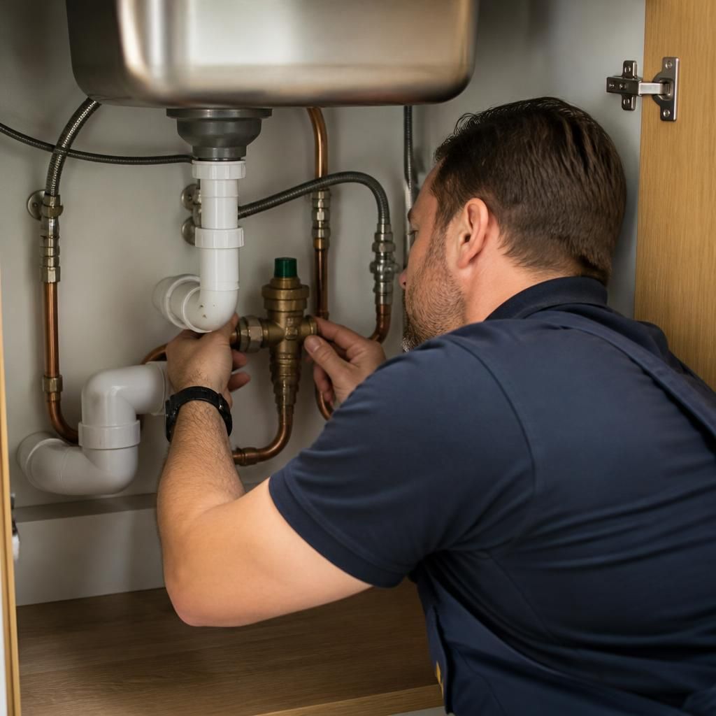 Plumber inspecting the water supply connections beneath a kitchen sink