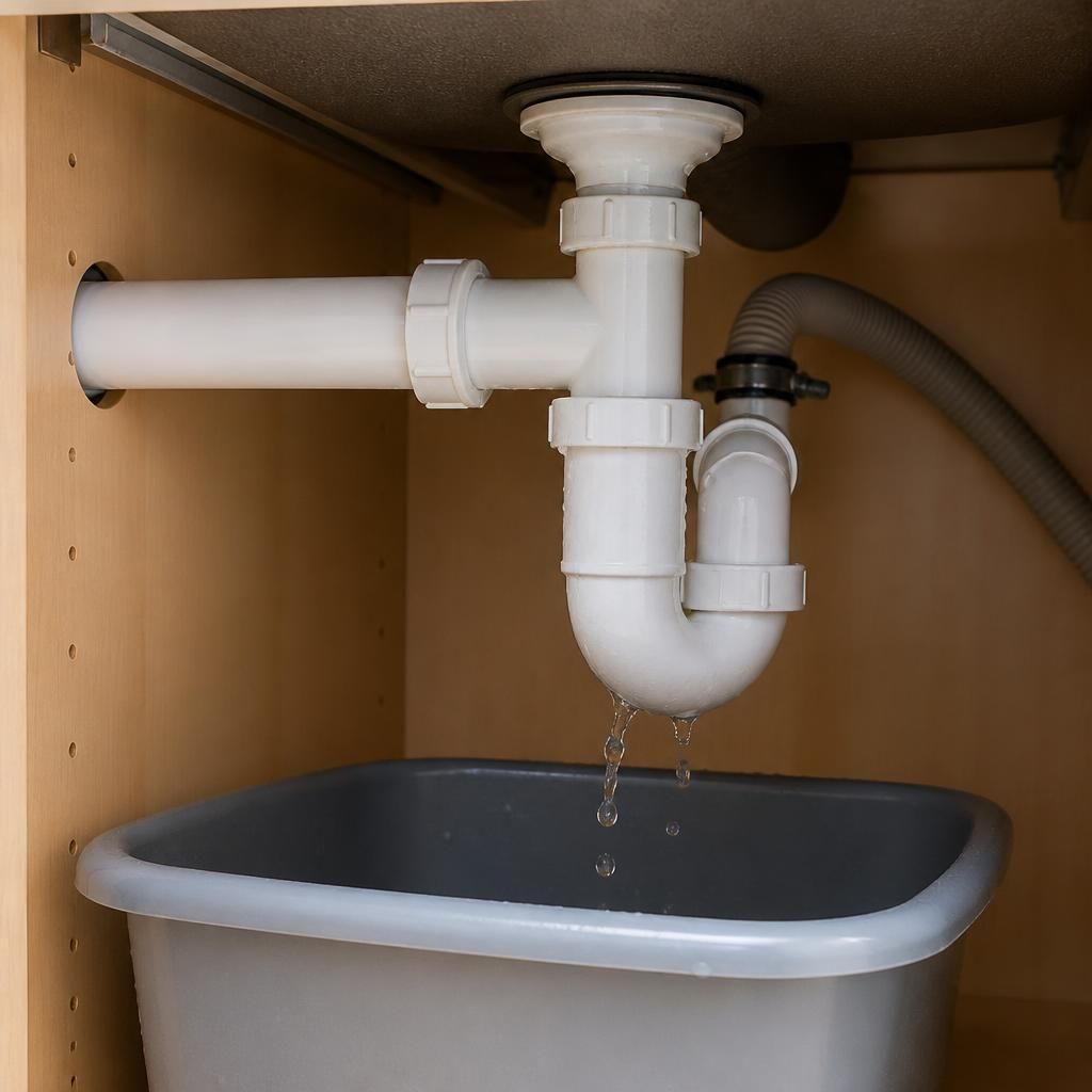 Leaking waste pipe and trap beneath a kitchen sink with a container catching drips