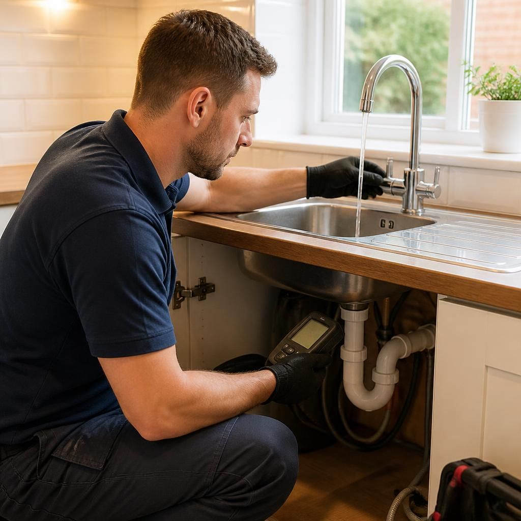 Plumber testing water flow from a kitchen tap
