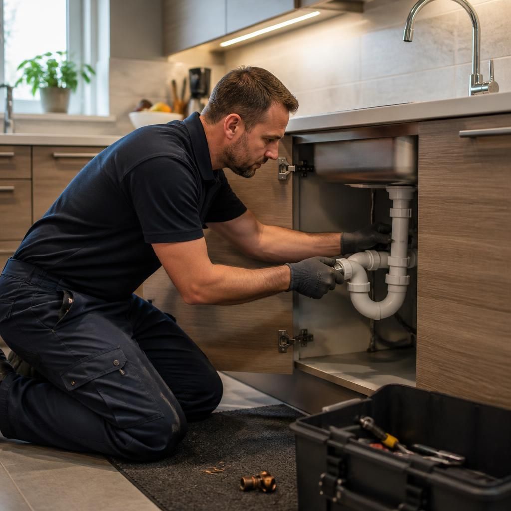 Plumber working carefully around kitchen cupboards