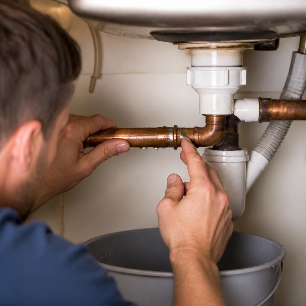 Plumber inspecting a leaking soldered copper pipe joint beneath a kitchen sink
