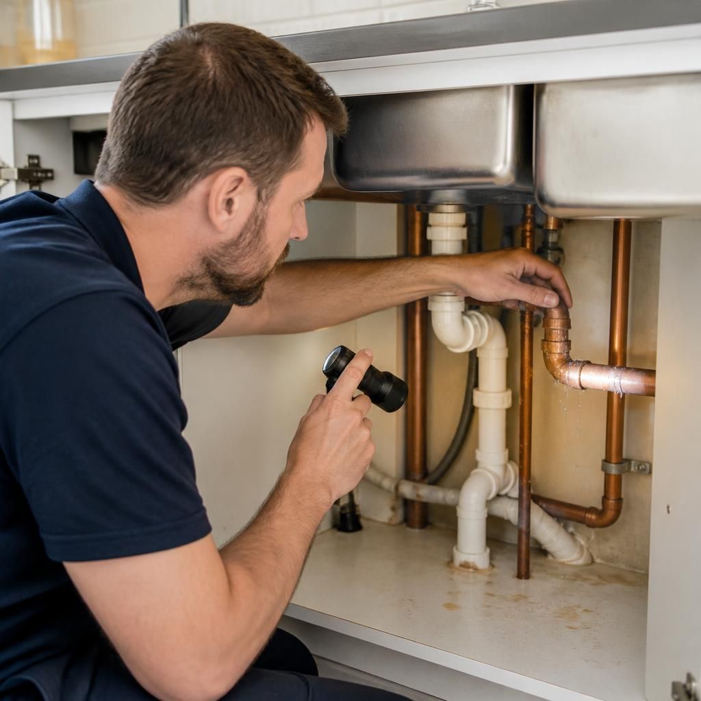 Plumber inspecting a leaking copper pipe joint beneath a kitchen sink