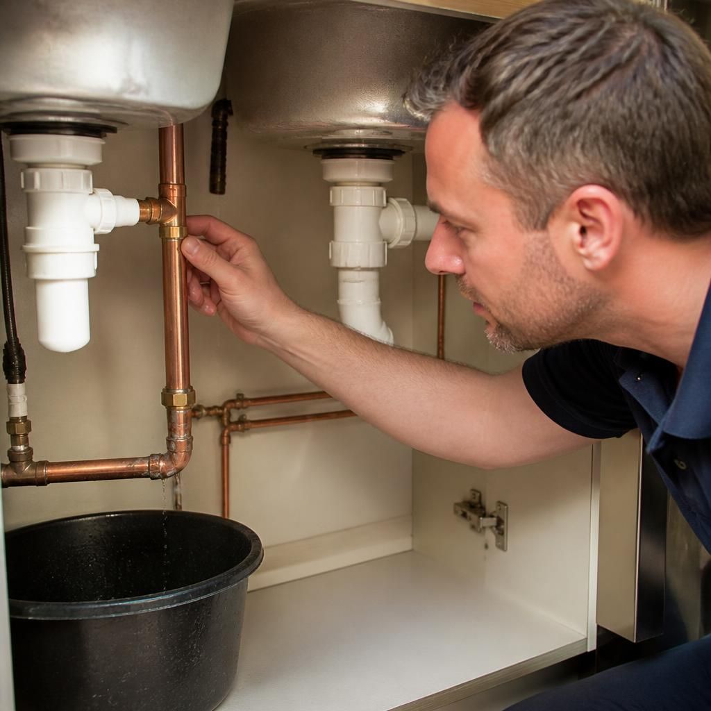 Plumber inspecting a leaking copper pipe joint beneath a kitchen sink