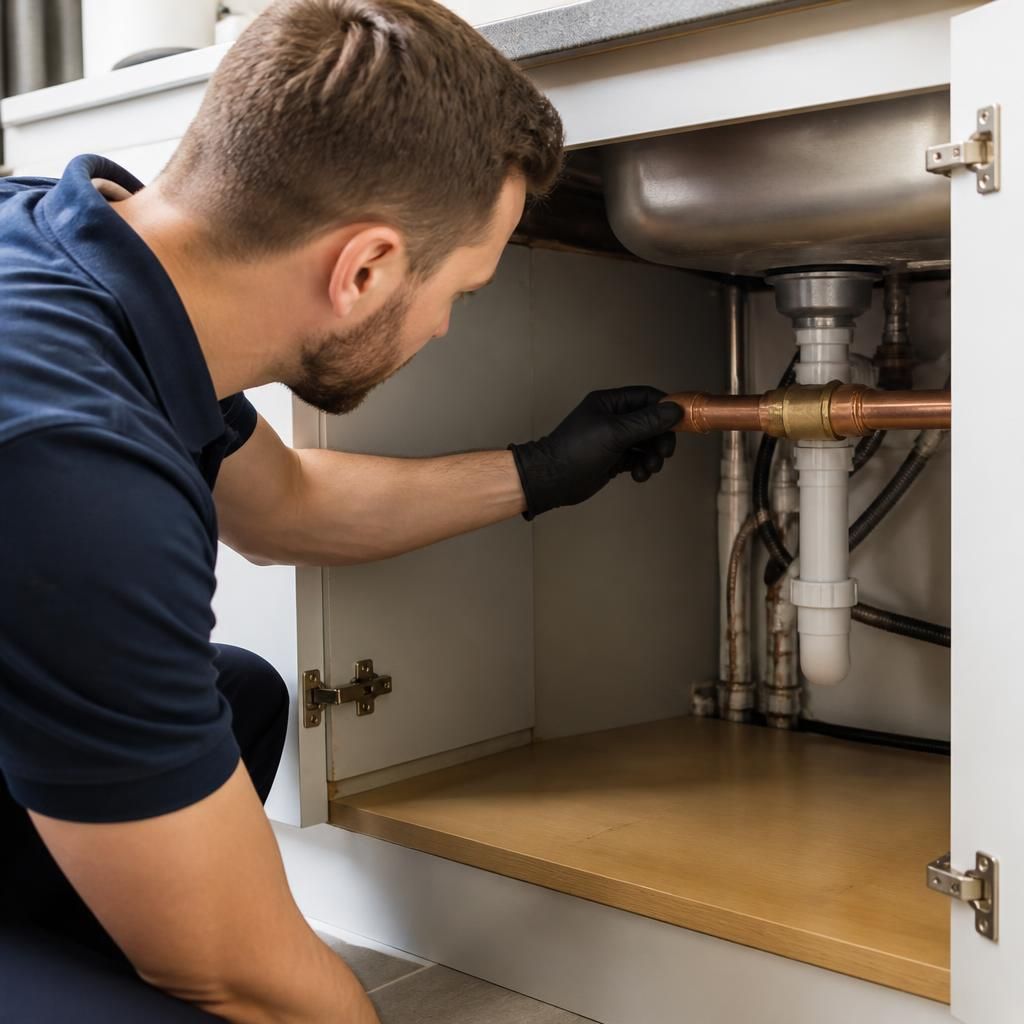 Plumber inspecting an exposed copper pipe joint beneath a kitchen sink