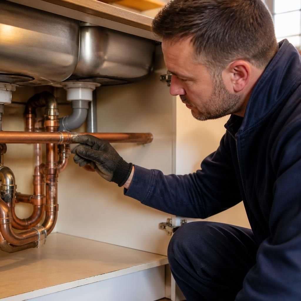 Plumber inspecting an exposed copper pipe joint beneath a kitchen sink