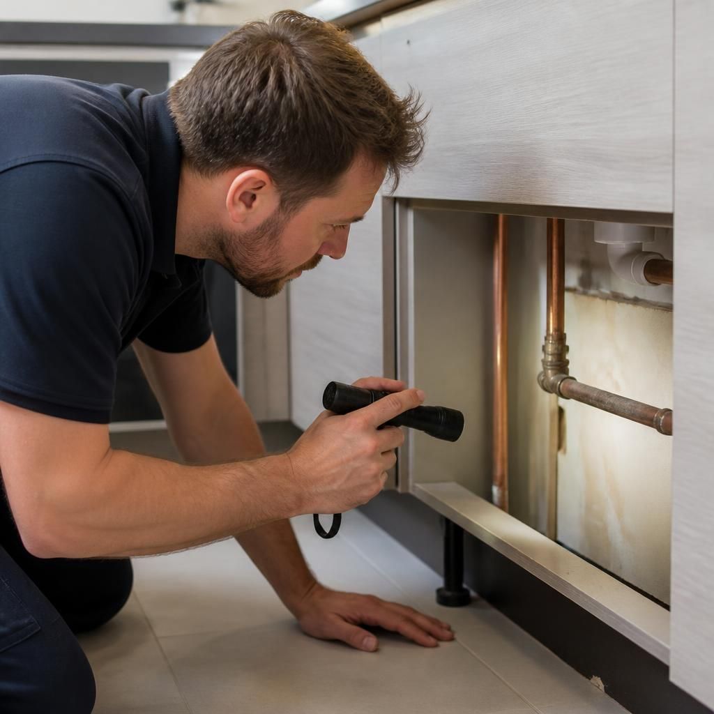Plumber examining a leaking pipe through a small access opening beneath a kitchen unit