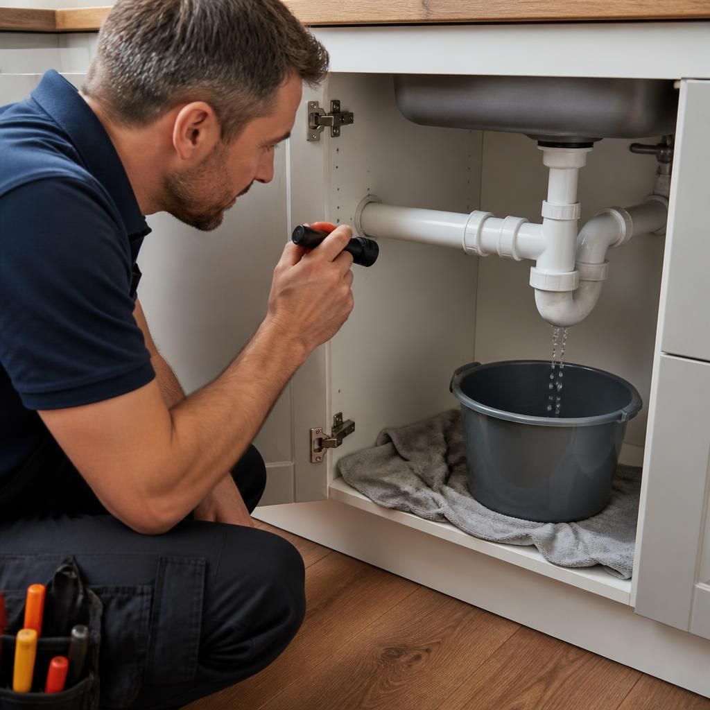 Plumber inspecting an exposed leaking PVC pipe beneath a kitchen sink
