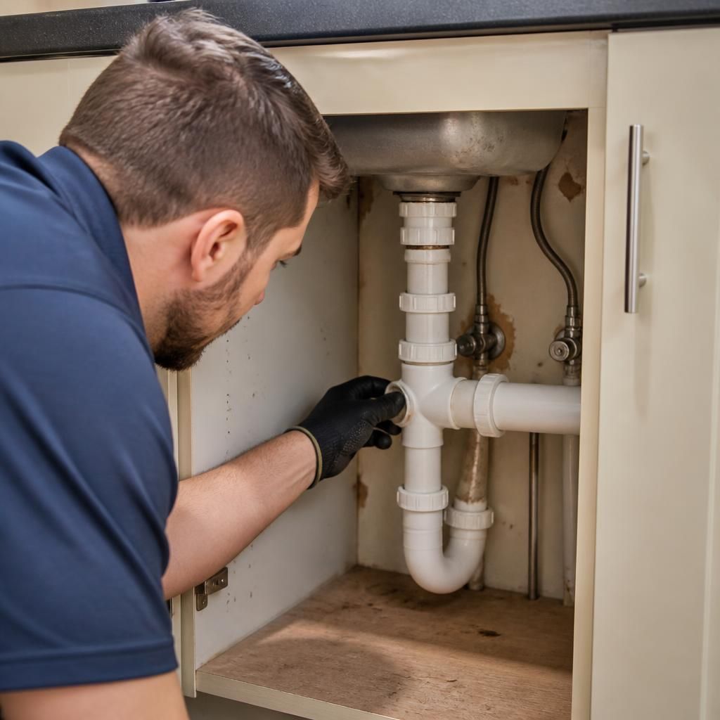 Plumber inspecting an exposed PVC pipe joint beneath a sink