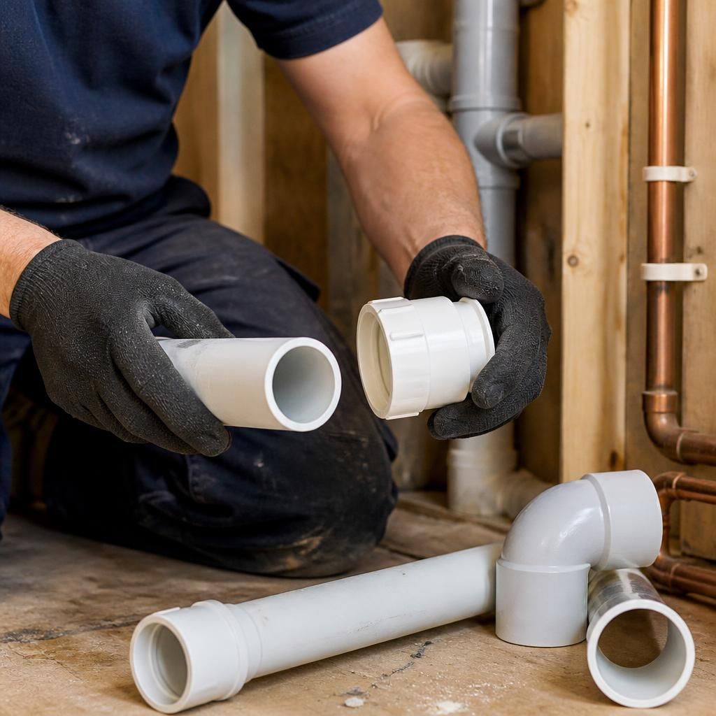 Plumber preparing PVC pipe ends and a replacement joint for repair