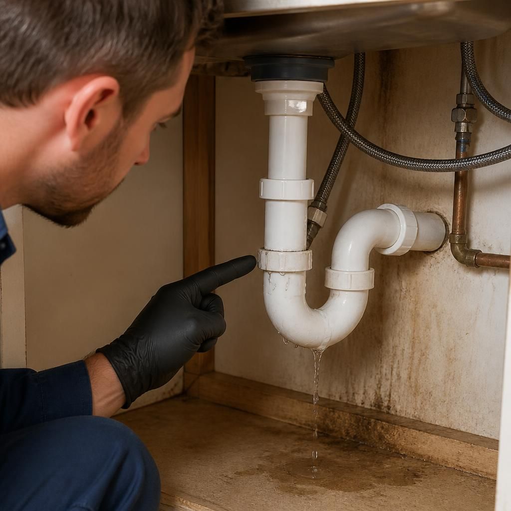 Plumber inspecting an exposed leaking PVC pipe joint beneath a kitchen sink