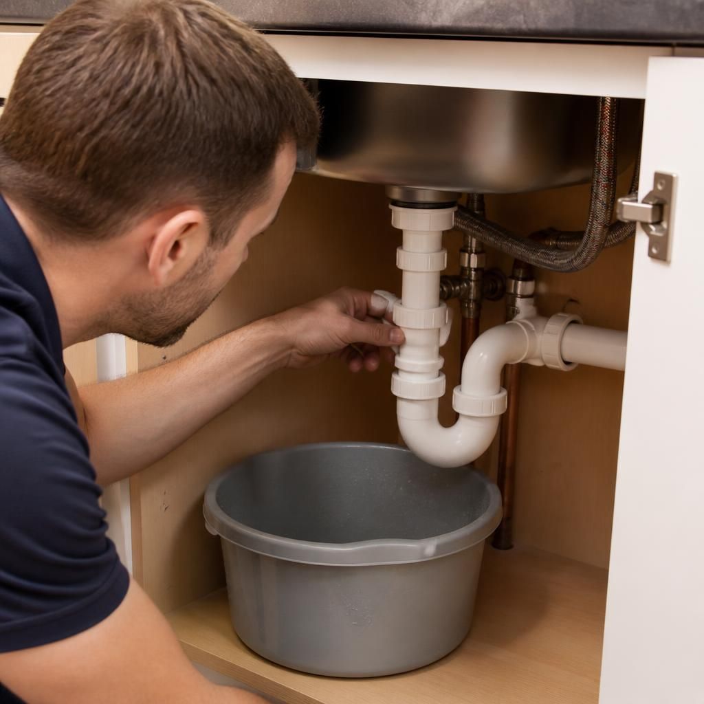 Plumber inspecting an exposed PVC pipe joint beneath a kitchen sink
