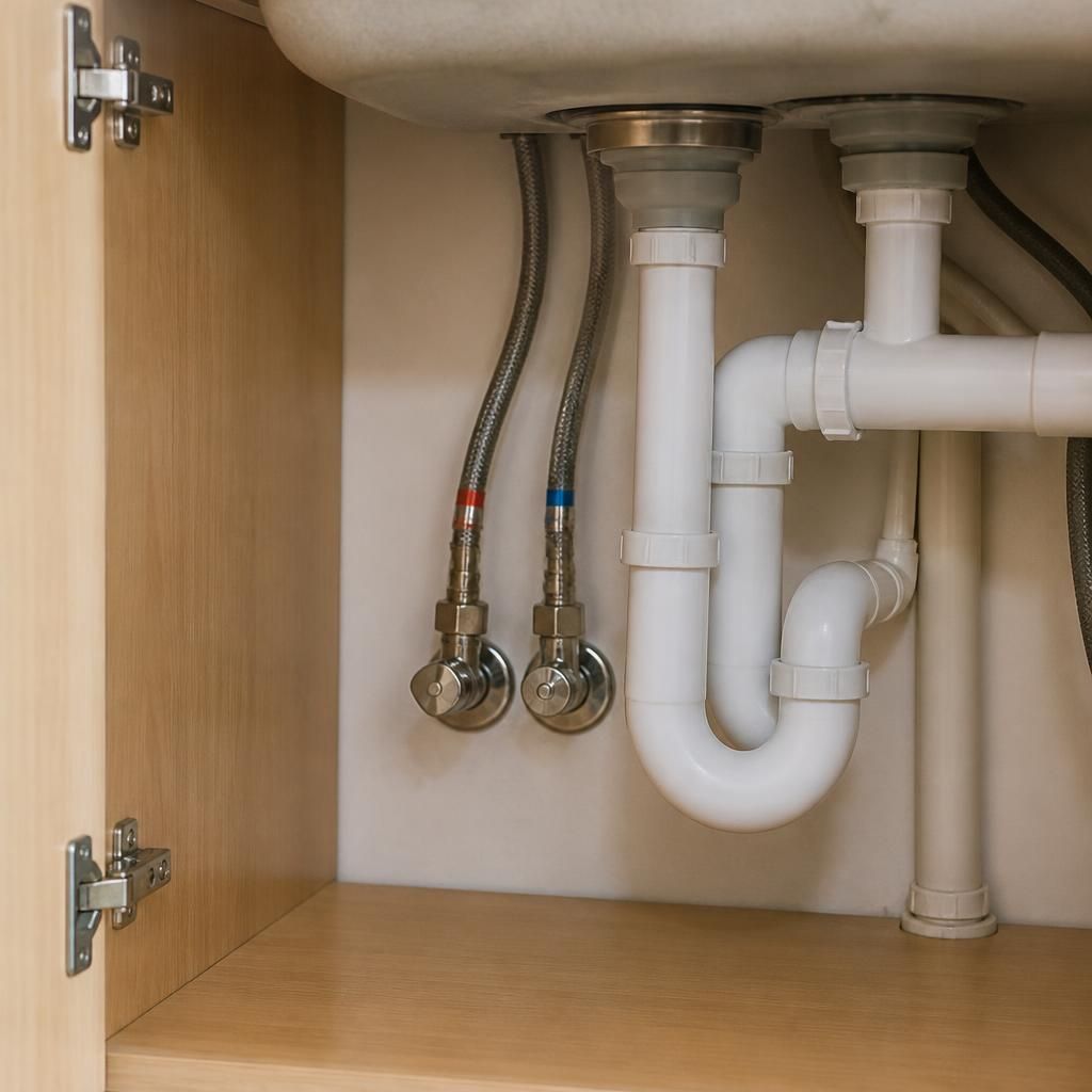 Open sink cabinet showing tap connectors, isolation valve and waste trap