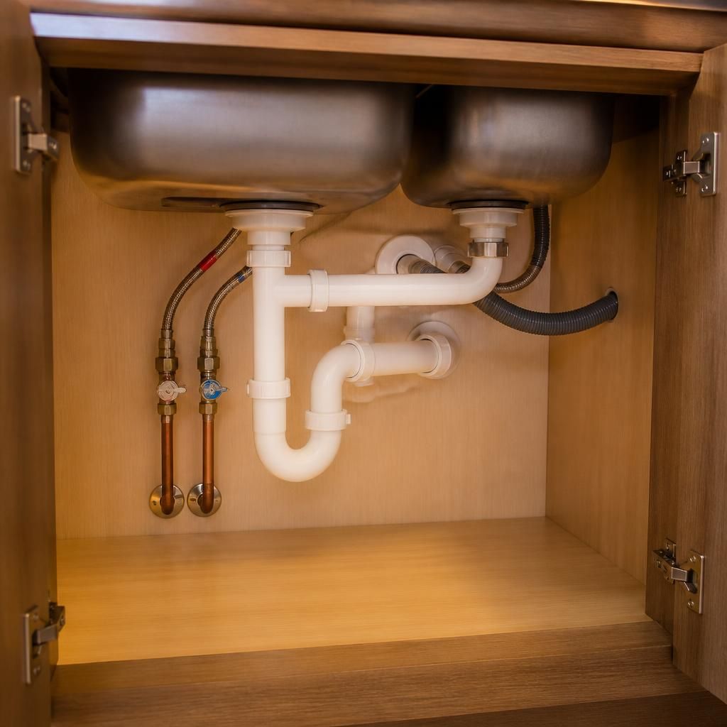 Open kitchen sink cabinet showing the trap, waste pipe and isolation valves