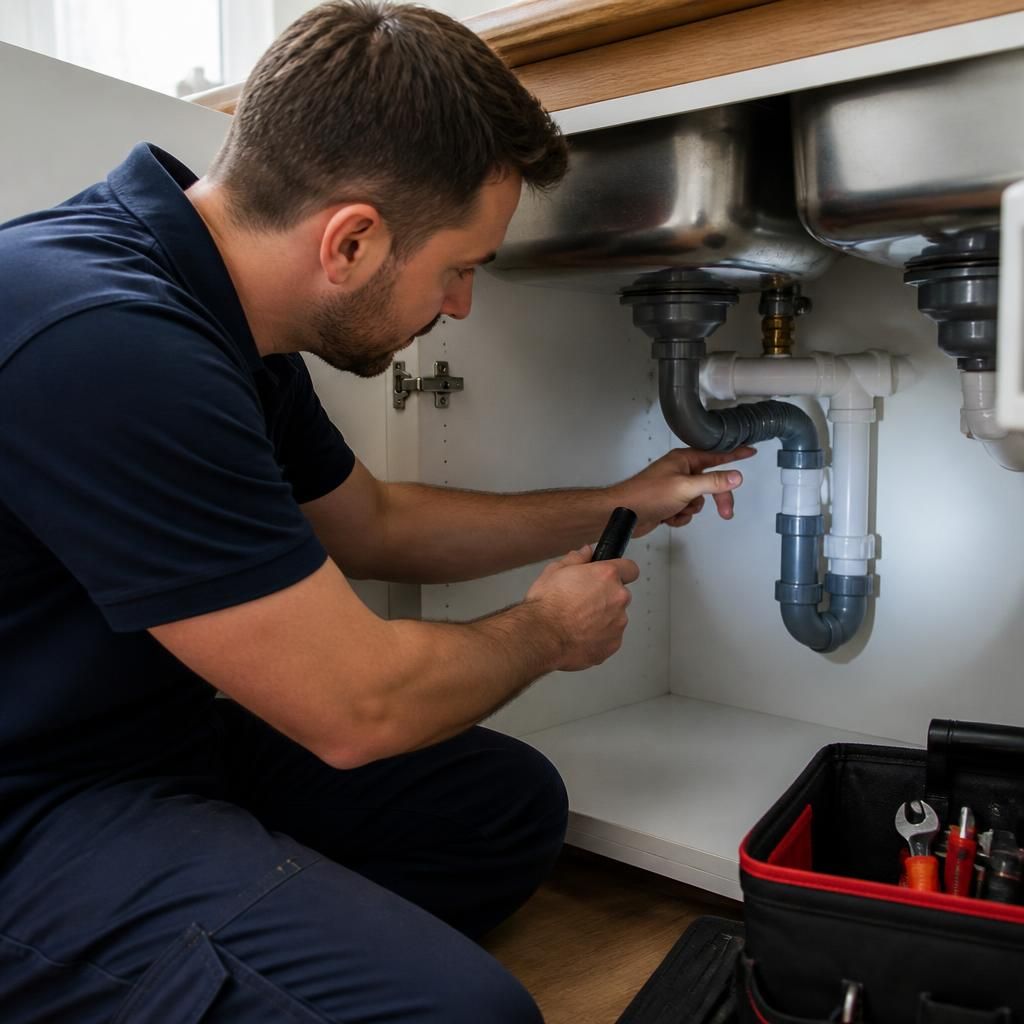 Plumber examining pipework beneath a kitchen sink