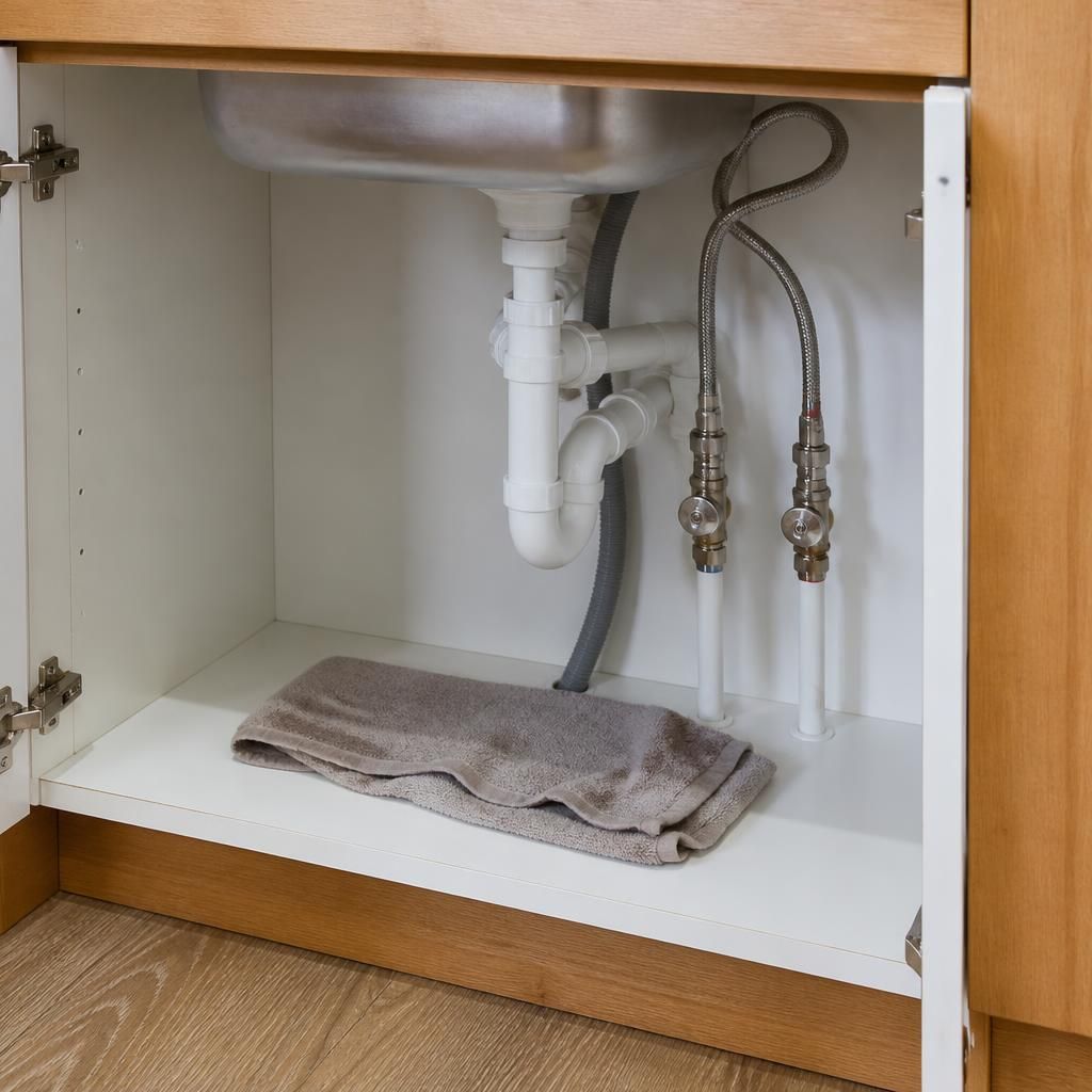 Cleared cupboard beneath a kitchen sink showing exposed pipework and a towel on the cabinet floor