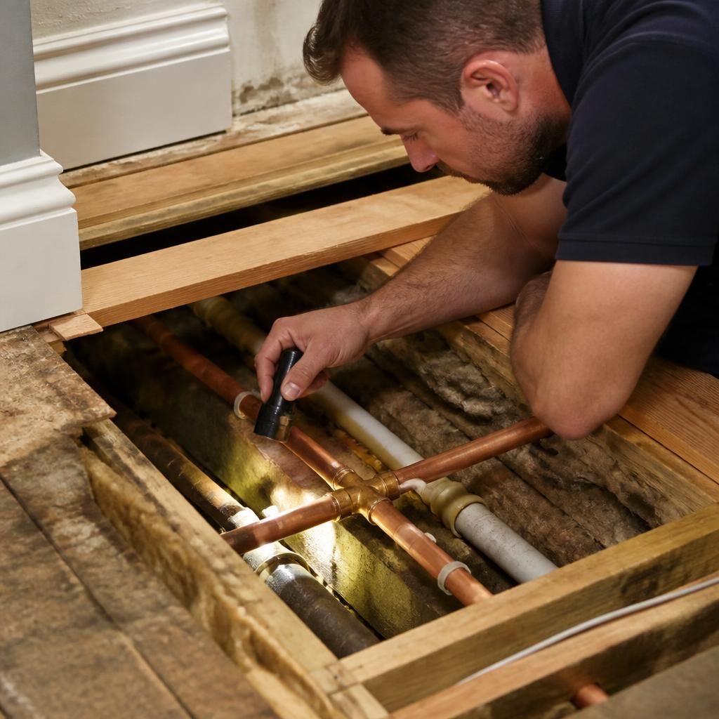 Plumber examining exposed water pipework beneath a residential floor