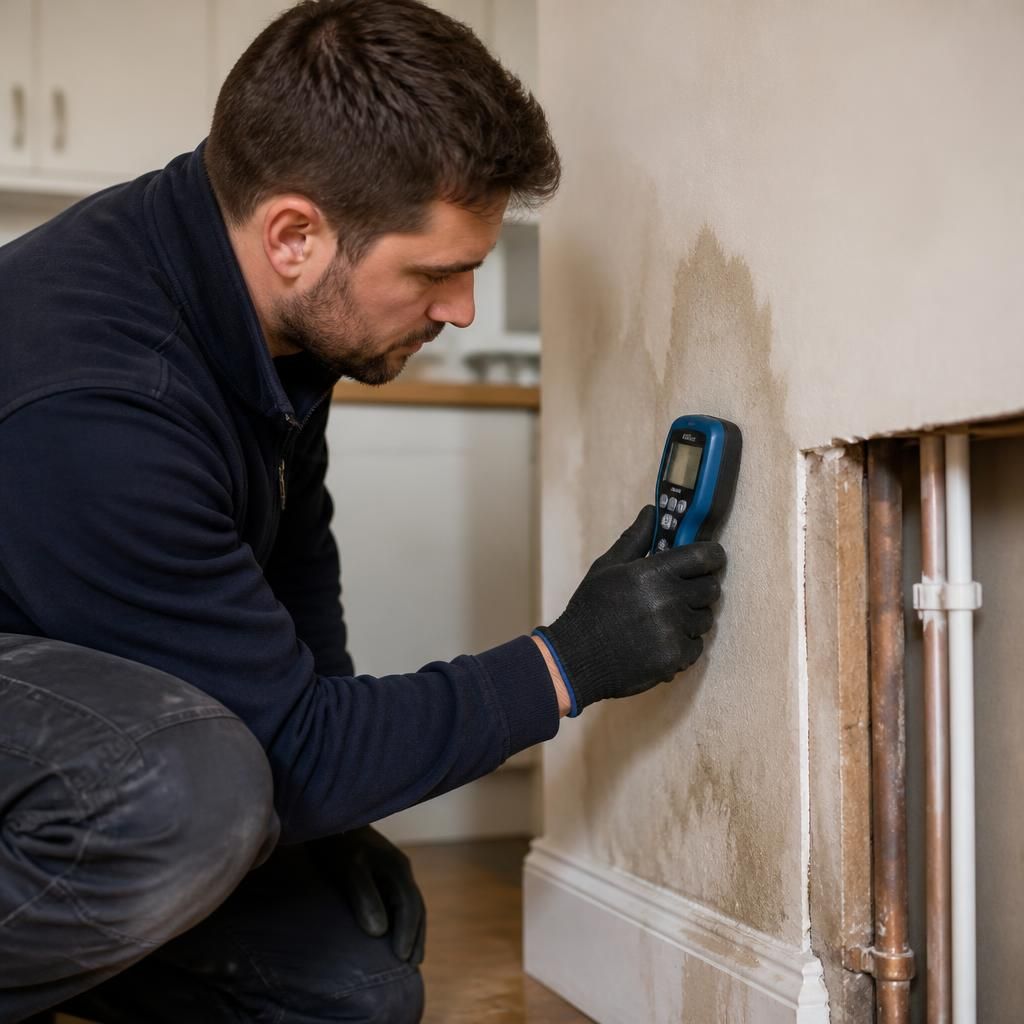 Plumber using a moisture meter to inspect a wall near a leaking water pipe