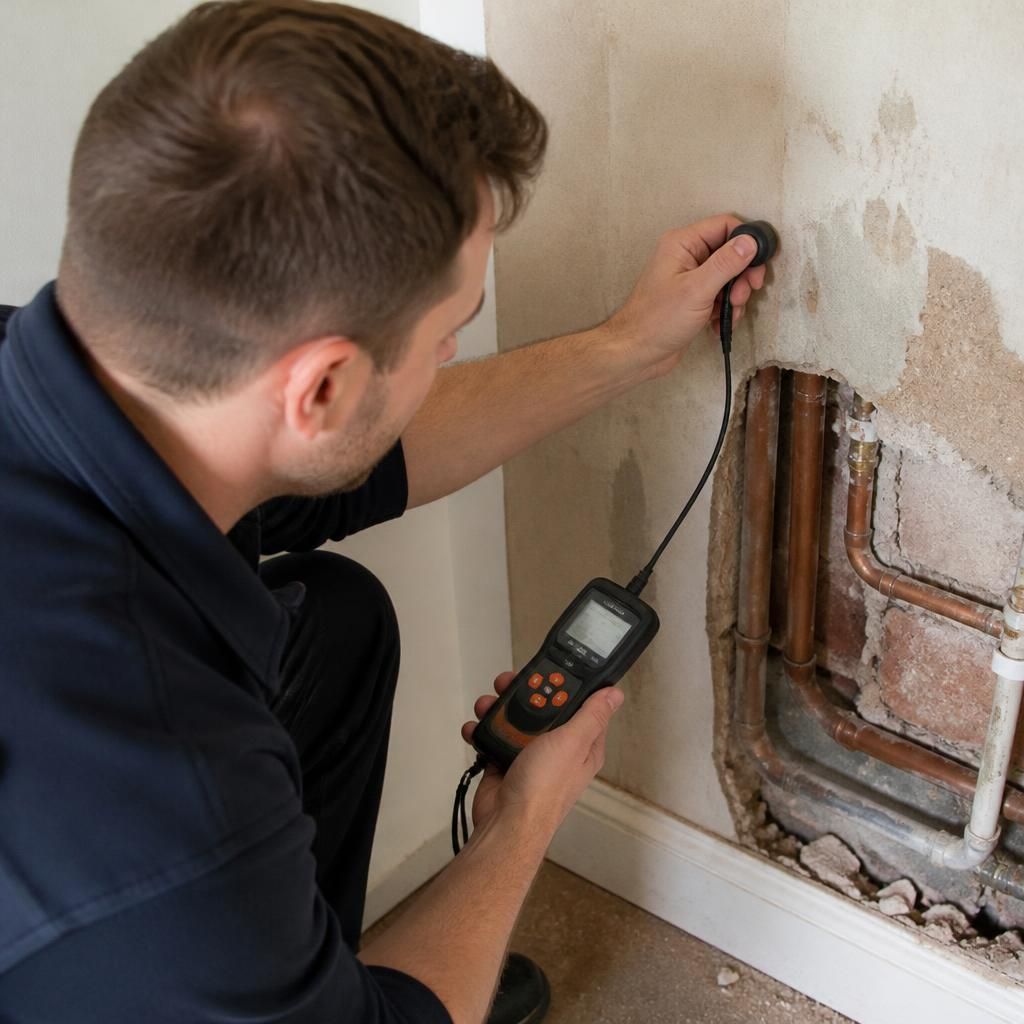 Plumber using a moisture meter to inspect a wall near leaking pipework