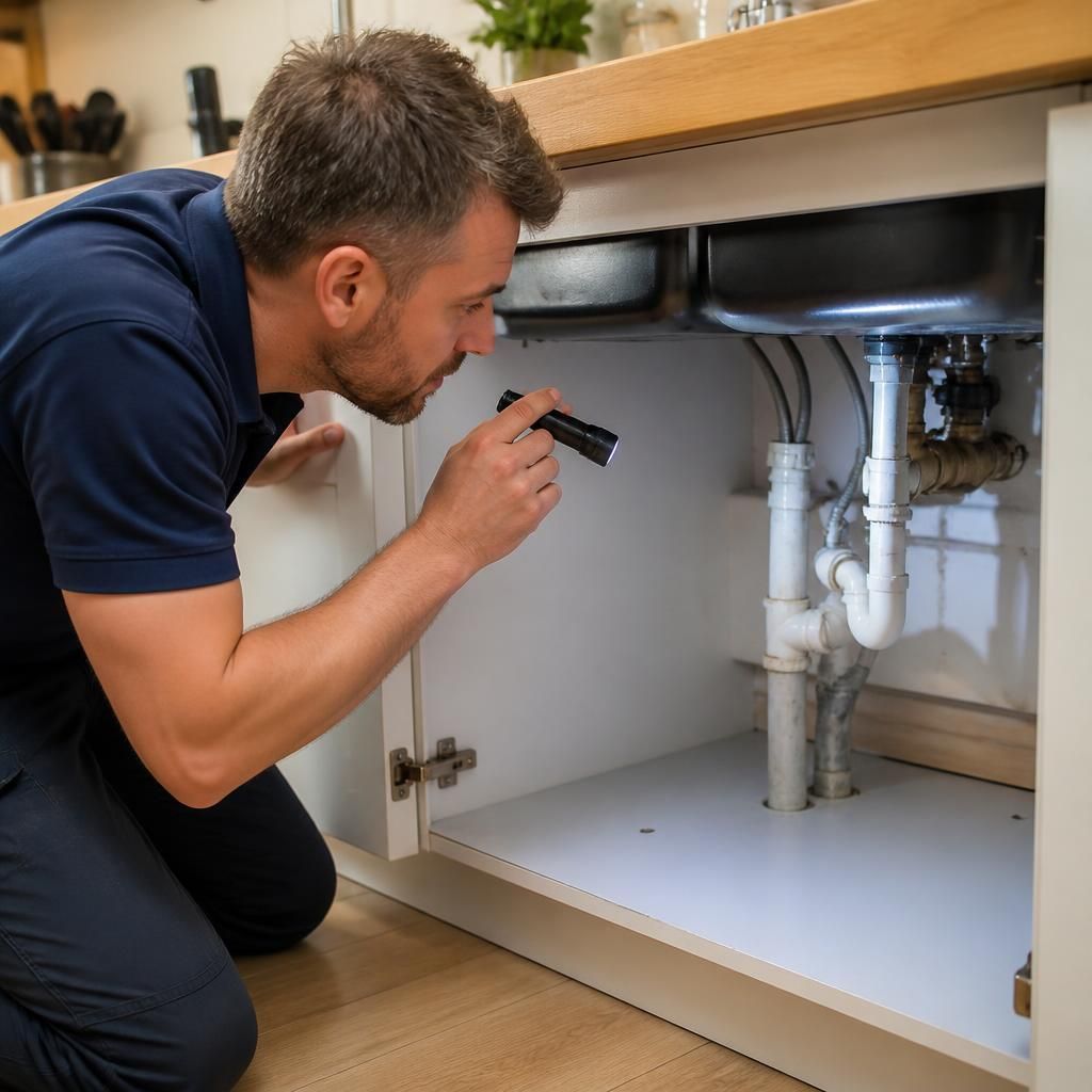 Plumber inspecting exposed pipework beneath a kitchen sink