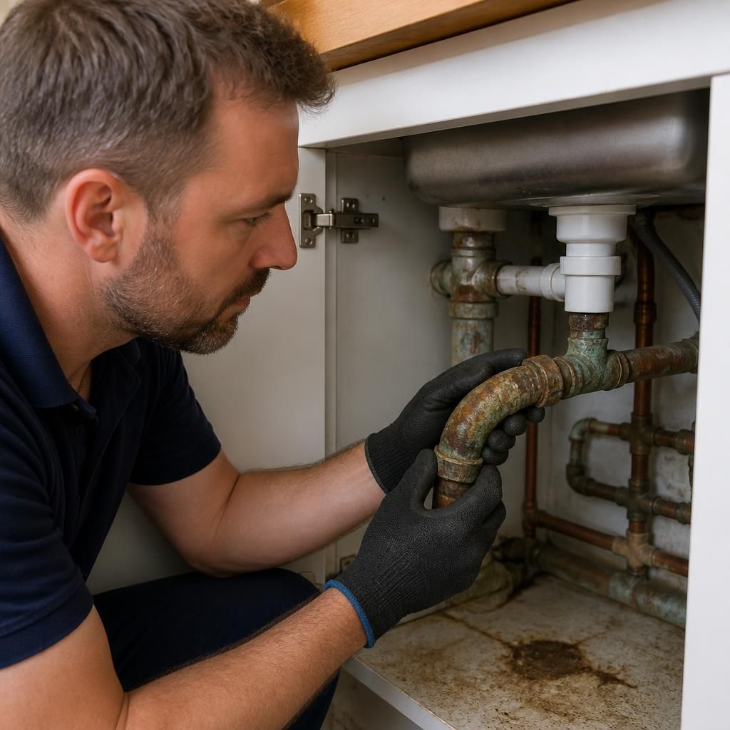 Plumber examining a corroded water pipe and joint beneath a kitchen sink