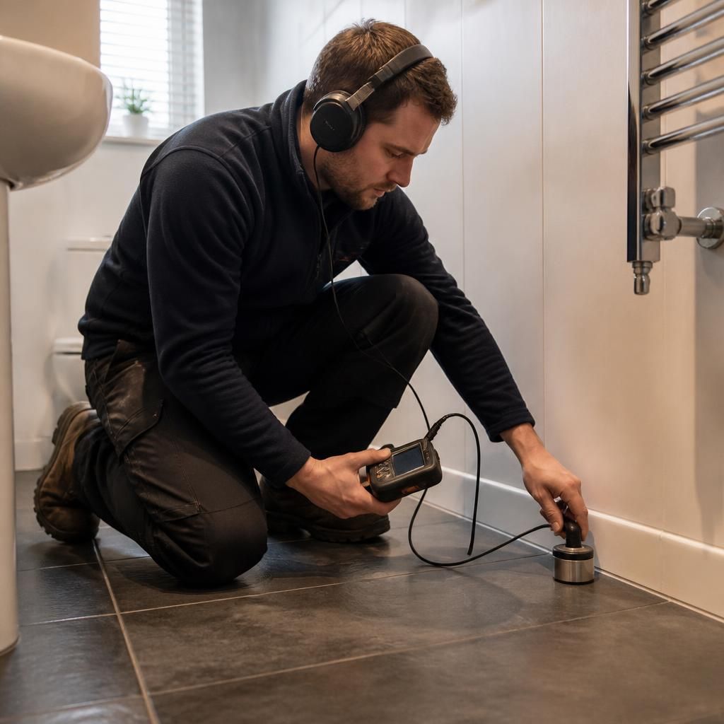 Plumber using acoustic leak detection equipment beside a tiled bathroom floor