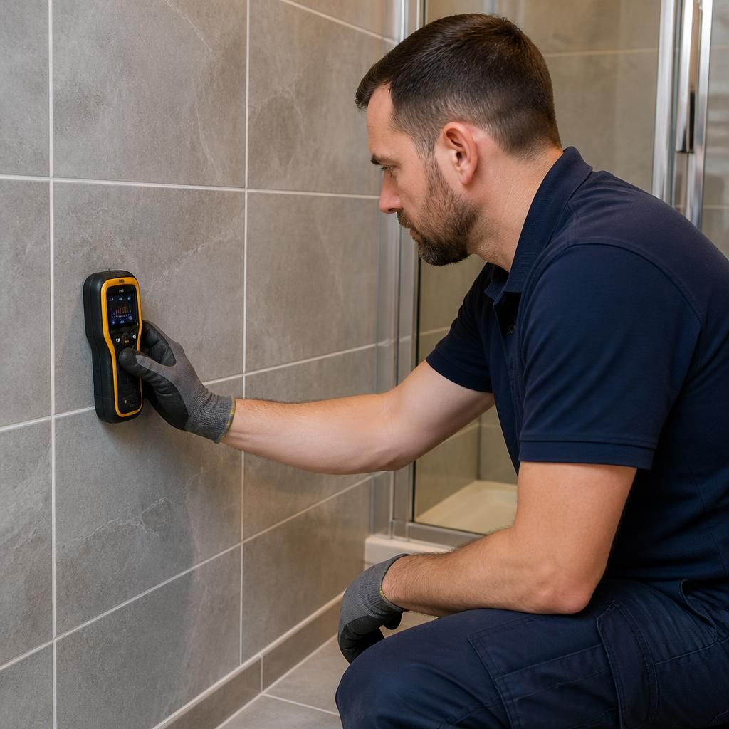 Plumber using a moisture meter to inspect a tiled bathroom wall