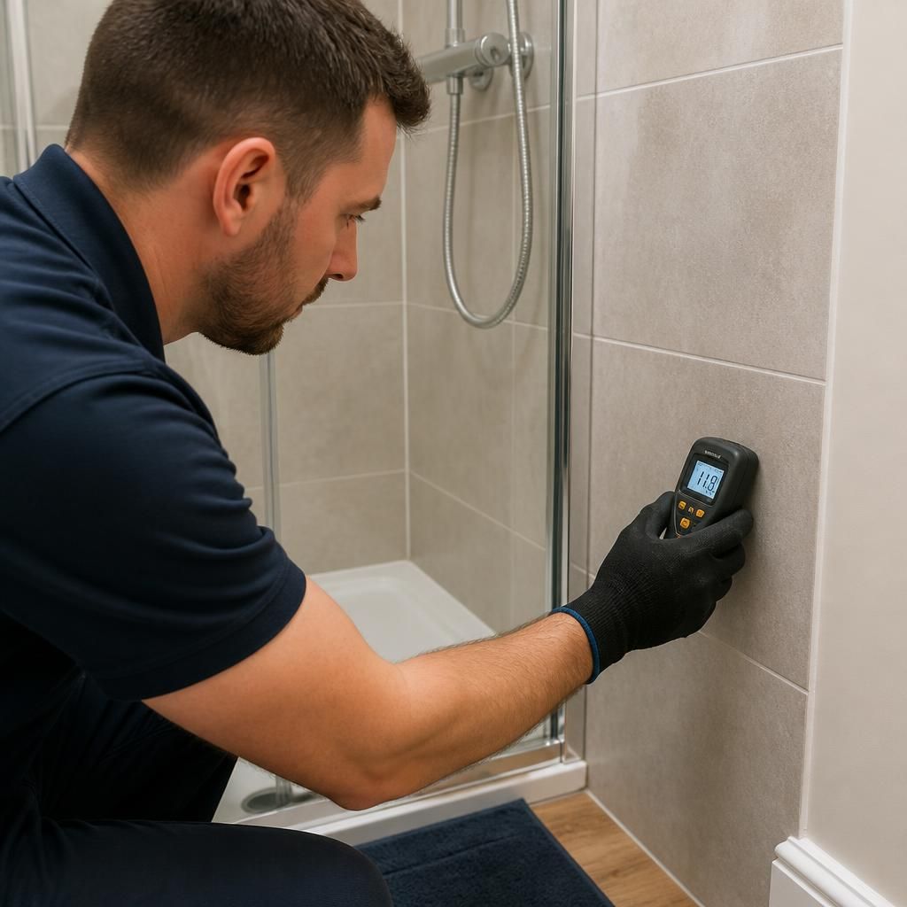 Plumber using a moisture meter beside a tiled shower wall