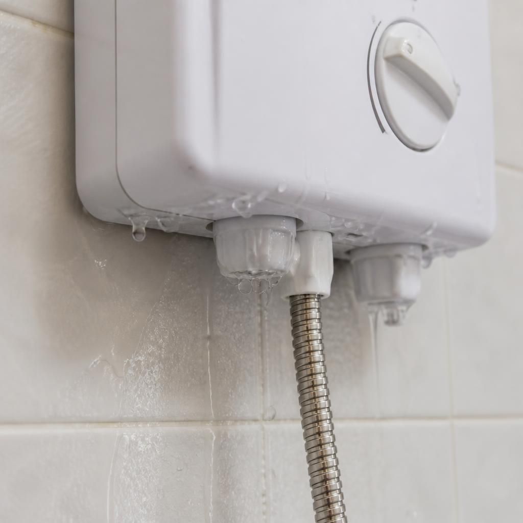 Electric shower unit with water droplets around its lower connection