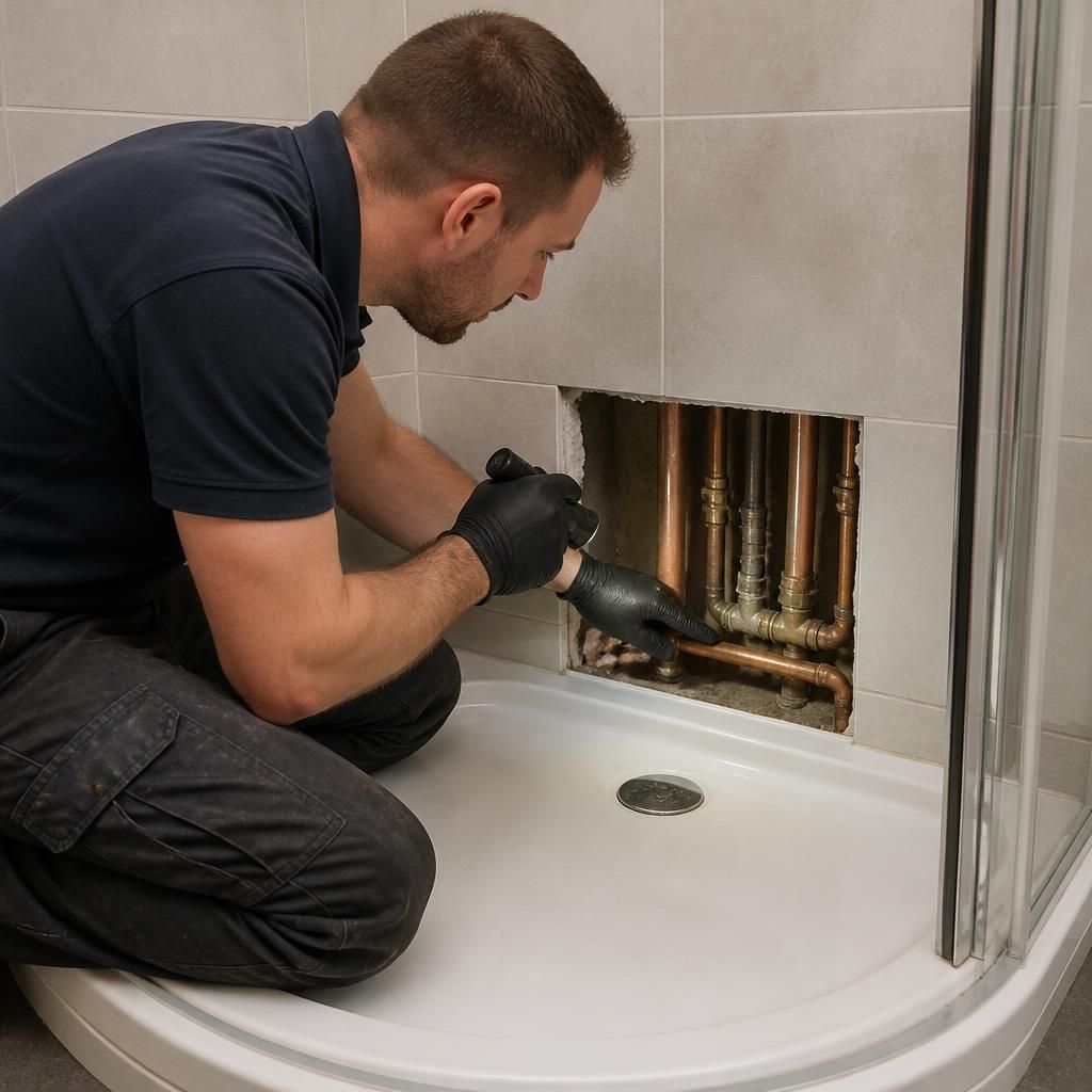 Plumber examining a shower tray, wall tiles and exposed pipe connections