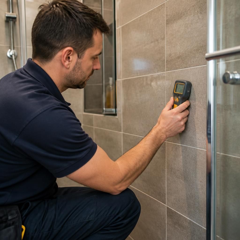 Plumber using a moisture meter beside a tiled shower wall