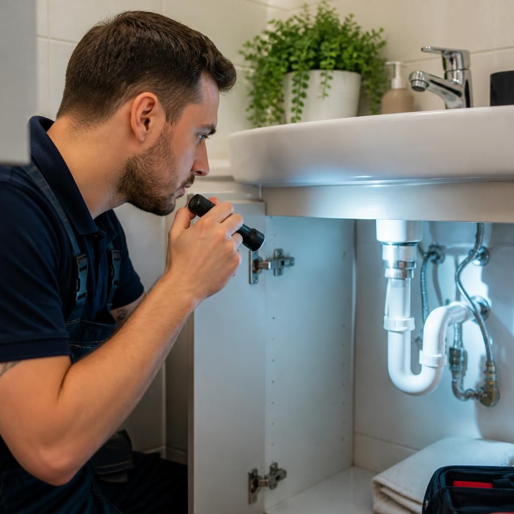 Plumber inspecting pipework beneath a bathroom basin with a torch