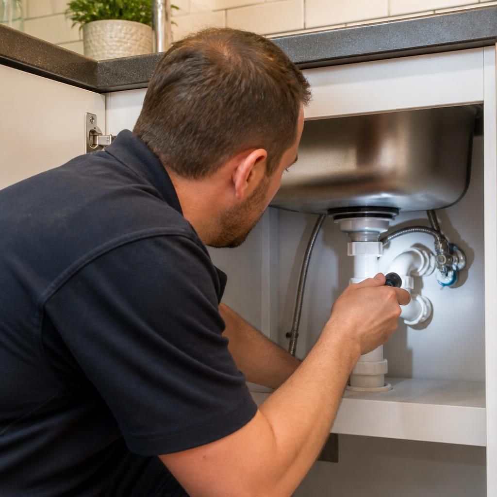 Plumber inspecting pipework and connections beneath a kitchen sink